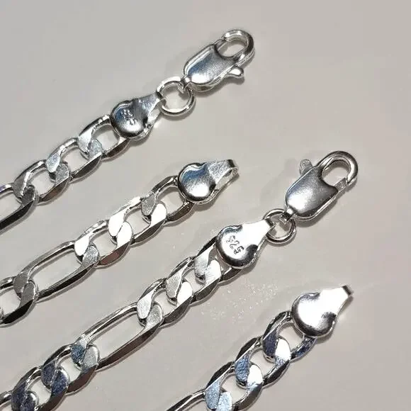 925 Silver Necklace & Bracelet Set Figaro Chain Link Valentines Birthday Gift